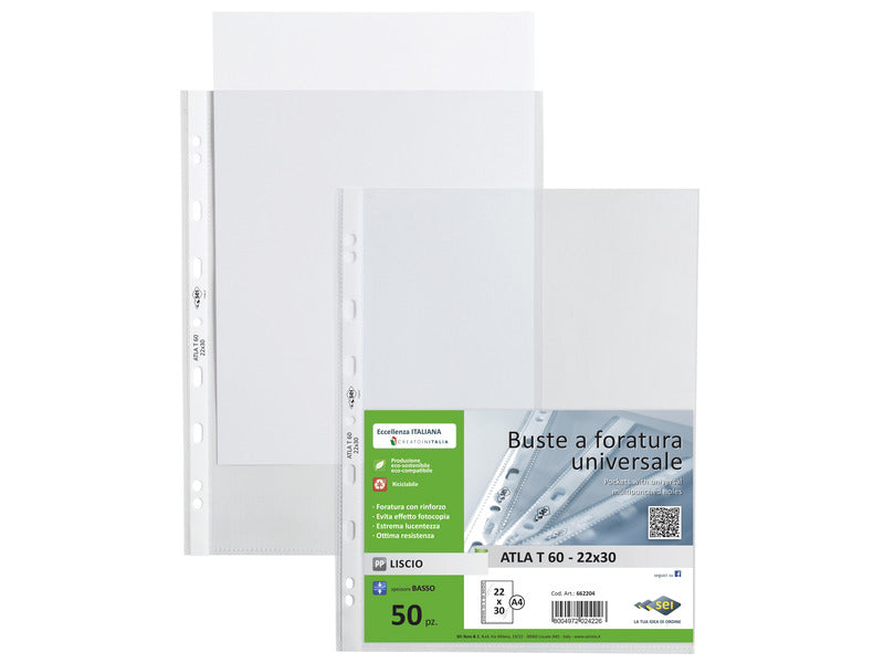 Buste in PP liscio Sei Rota Atla T 60 - basso spessore trasparente 22x30 cm - conf. 50 pezzi