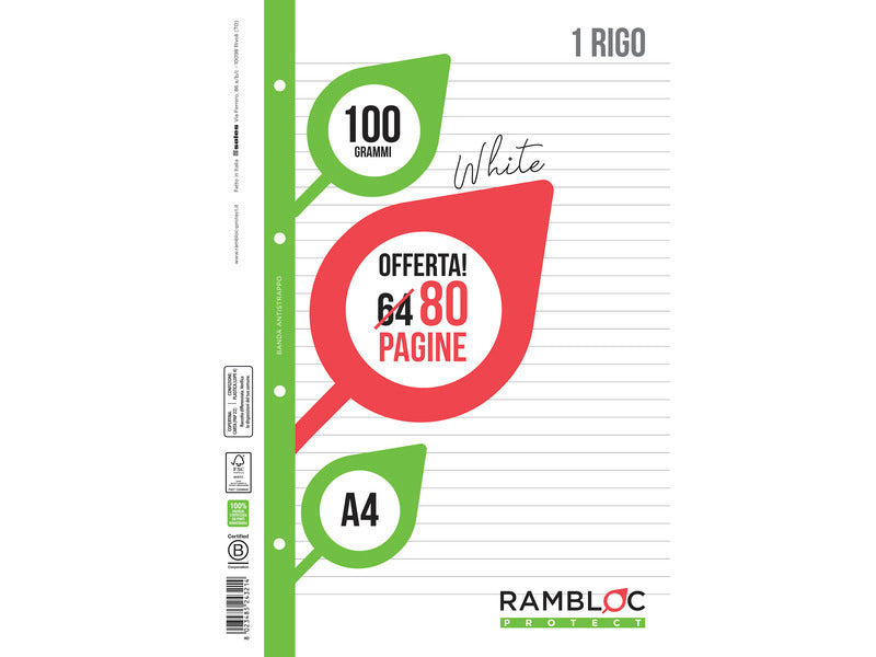 Ricambio quaderni ad anelli Rambloc formato A4 -32 ff +8 ff 1 rigo