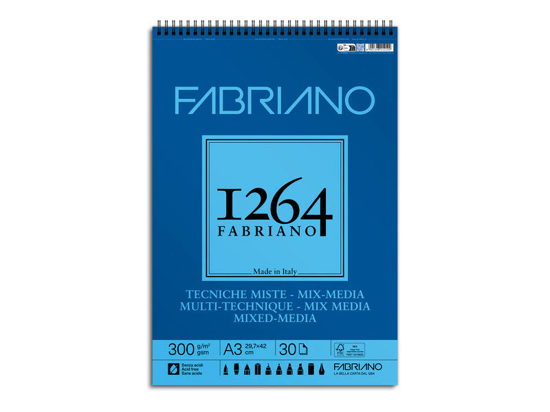 Blocco spiralato tecniche miste Fabriano 1264 - 300 g A3 - 30 fogli