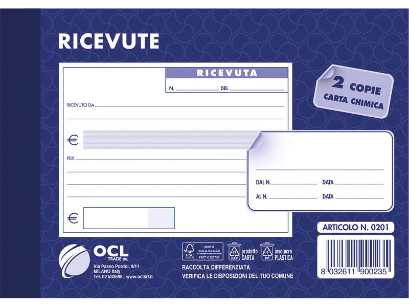 Blocco ricevute generiche O.C.L. formato 15x10 cm 50x2 copie - 0201N