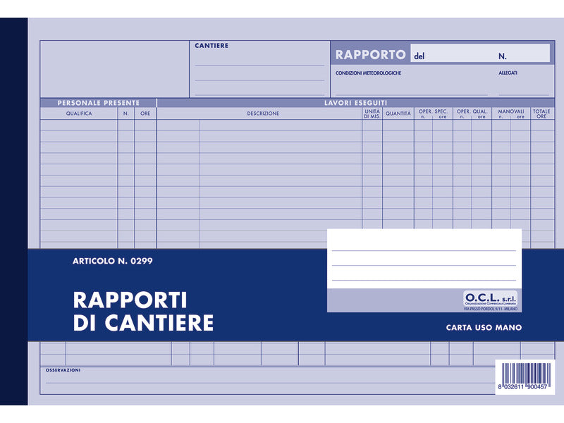 Blocco rapporti cantiere O.C.L. 50 fogli 30,5x21 cm - 0299N