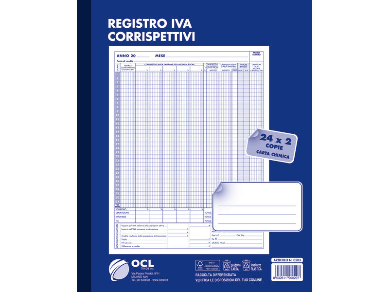 Blocco registro IVA dei corrispettivi O.C.L. 24x2 copie - 0503