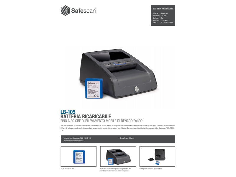 Batteria al litio ricaricabile LB-105 per rilevatore banconote Safescan 155-S nero - 112-0410