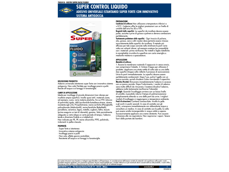 Adesivo universale istantaneo Bostik Odor Free 3 g - Super Facile Fluido