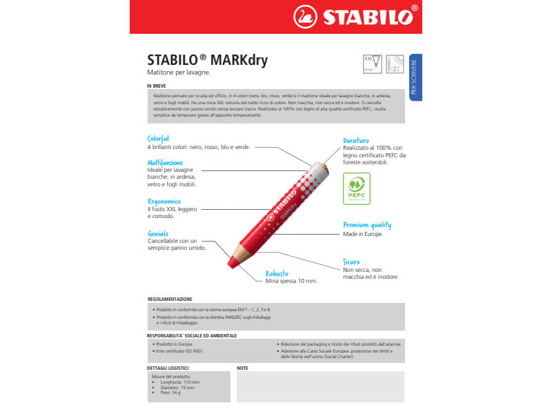 Astuccio da 4 matitoni Stabilo MARKdry mina XXL + panno e temperino assortiti 648/4