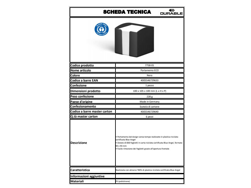 Portamemo da scrivania Durable Eco 10x10xH.10,5 cm nero - 7758-01