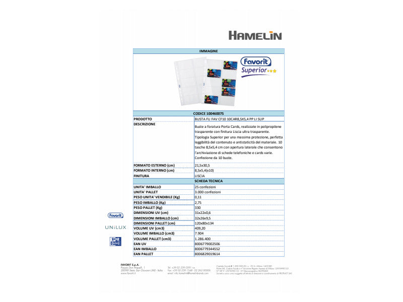 Buste a foratura universale Favorit porta cards liscia superior 8,5x5,4 cm (x10 tasche) conf. da 10