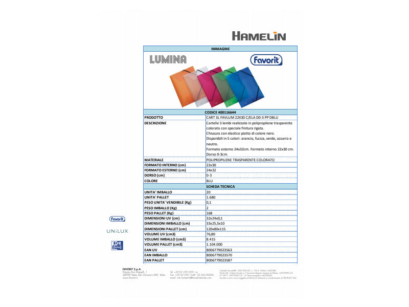 Cartellina a 3 lembi con elastico FAVORIT Lumina 22x30 cm - dorso espandibile 0-3 cm