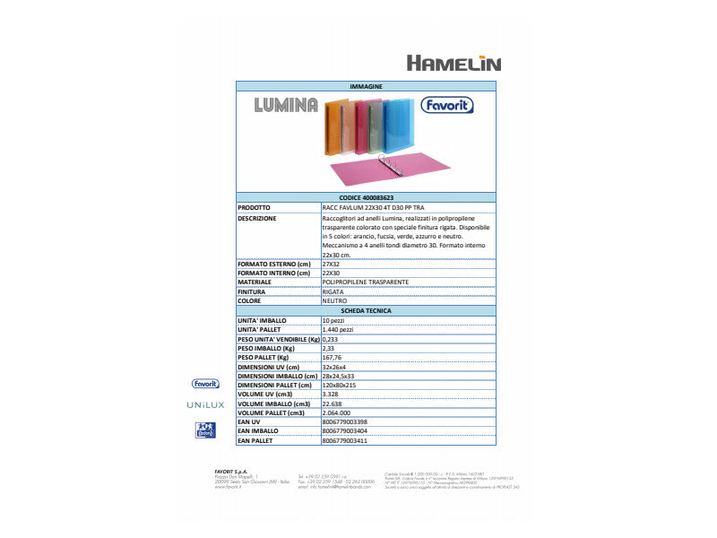 Raccoglitore Favorit Lumina in PPL A4 4 anelli tondi Ø 30 mm - 22x30 cm - trasparente neutro