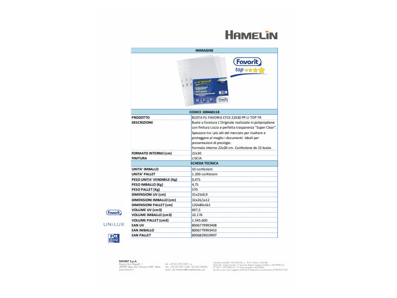Buste trasp. a foratura universale FAVORIT L'Originale 22x30 cm conf. da 25