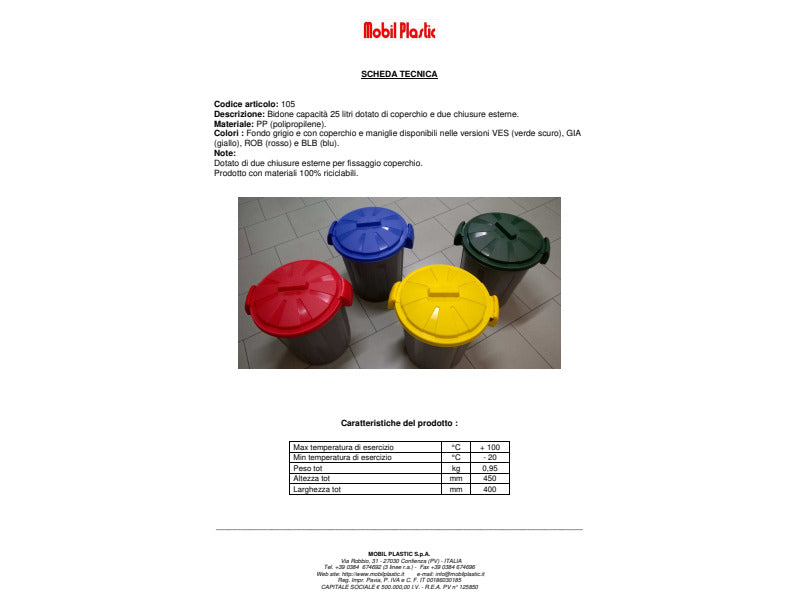 Bidone 25 litri dotato di coperchio e due chiusure esterne PP Mobil Plastic giallo - 105/25-GIA