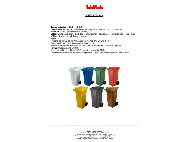 Bidone carrellato per raccolta differenziata 120 lt con coperchio PEHD Mobil Plastic bianco - 1/120/5-BIL