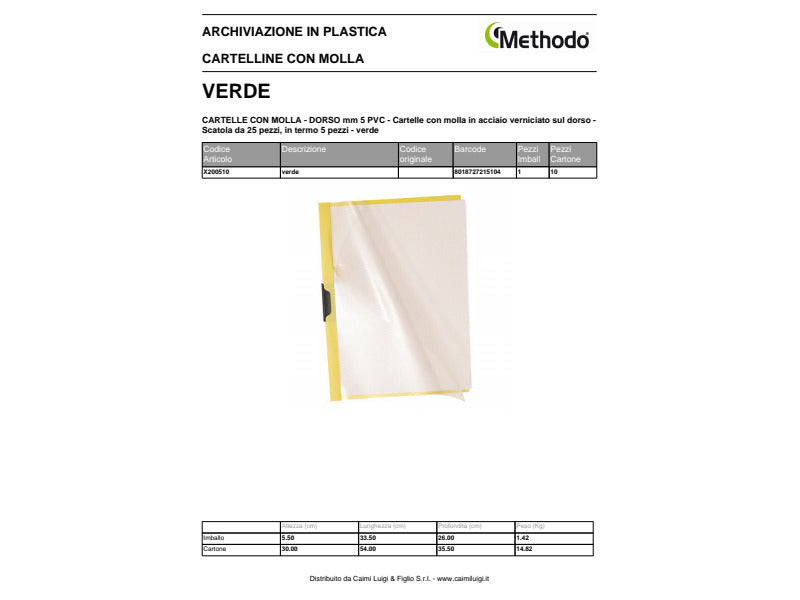 Cartellina con clip Methodo Spring File in PPL A4 dorso 5 mm - conf. 25 - Methodo verde - X200510