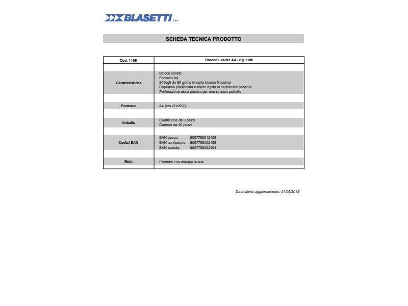 Blocco note collato Blasetti Leader A4 - 90 ff - 80 g/m2 - 10 mm 1108