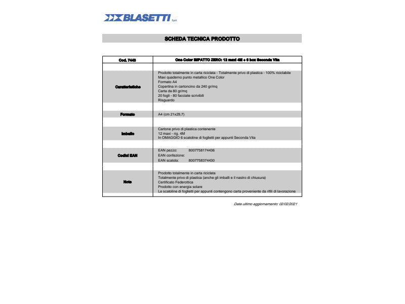 Quaderno Maxi One Color Impatto Zero A4 20+1 ff - 80 g/m2 - 4 mm conf. 12 pz - 7443