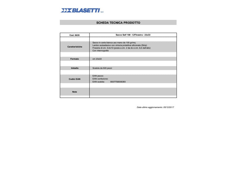 Busta a sacco con finestra Blasetti bianco - 100 g/m2 - conf. 500 buste - 230x330 mm - 639