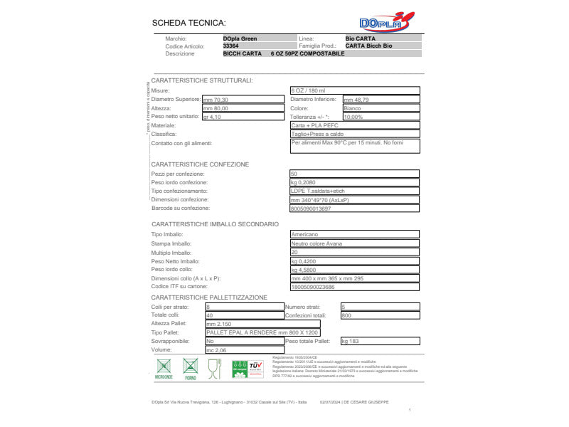 Bicchieri Dopla Green in carta compostabile - 100 ml bianco - conf. 50 pz