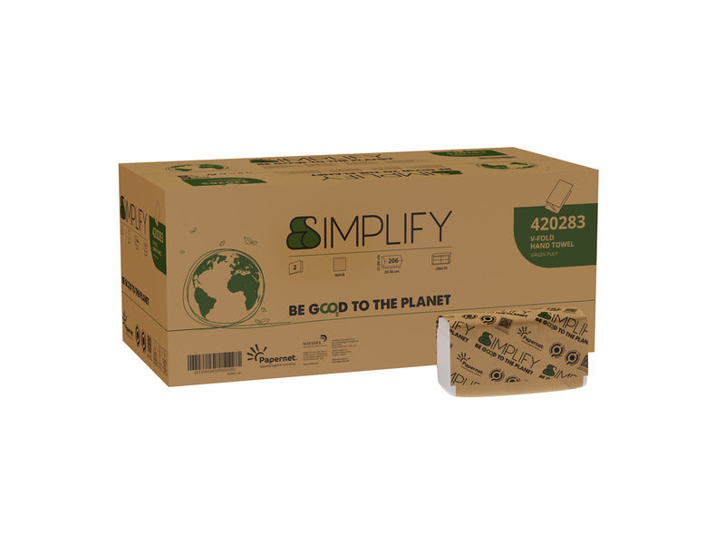 Asciugamano piegato a V Papernet Simplify in pura cellulosa 2 veli conf. 10 pz da 206 fogli bianco