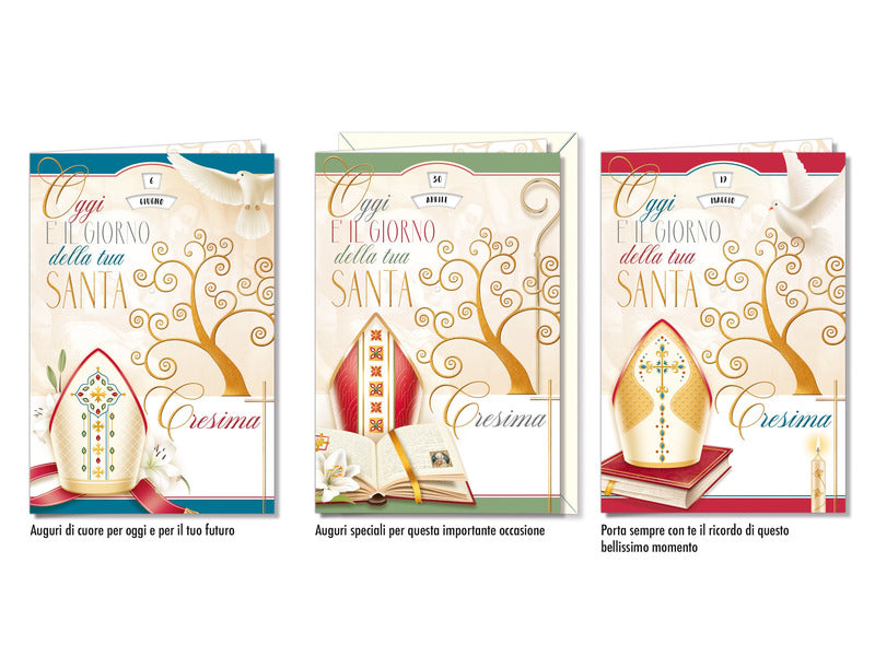 Biglietti augurali Cresima Cromo assortiti in 3 soggetti - conf. 12 pz - CR.8191