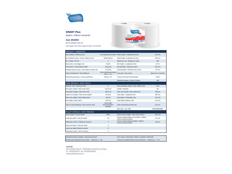 Bobine industriali Lucart Smart Plus in pura cellulosa 2 veli conf. 2 rotoli da 520 strappi bianco