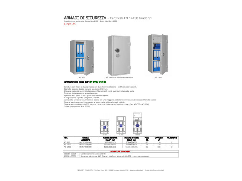 Armadio di sicurezza AS 800 certificato EN Grado S1 - 2 ripiani - 110 L 800x500x370 mm Security Italia