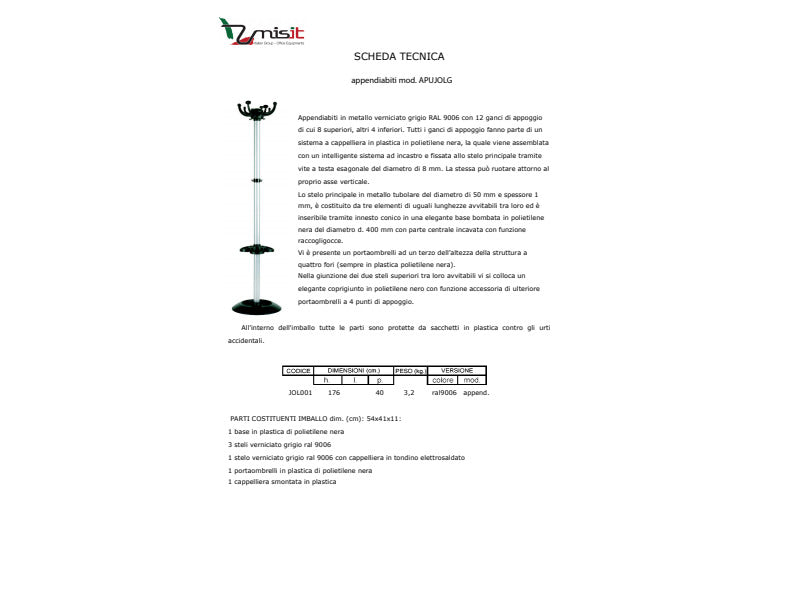 Appendiabiti da terra Unisit Jolly con portaombrelli h. 176 cm - 8 ganci grigio- APUJOLG