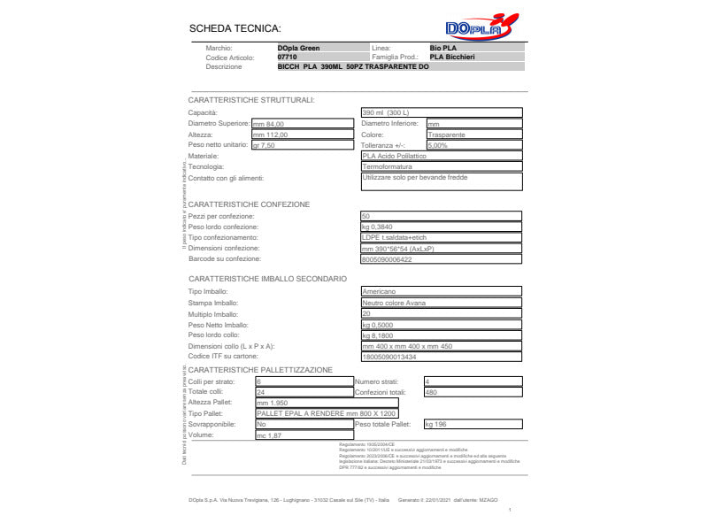 Bicchieri in PLA biodegradabile per bevande fredde Dopla Plus - 390 ml conf. 50 pezzi - 7710