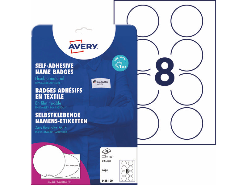 Badge adesivi per tessuti rotondi Avery Ø 65 mm - 8 et/foglio - stampanti inkjet Conf. 20 fogli - J4881-20