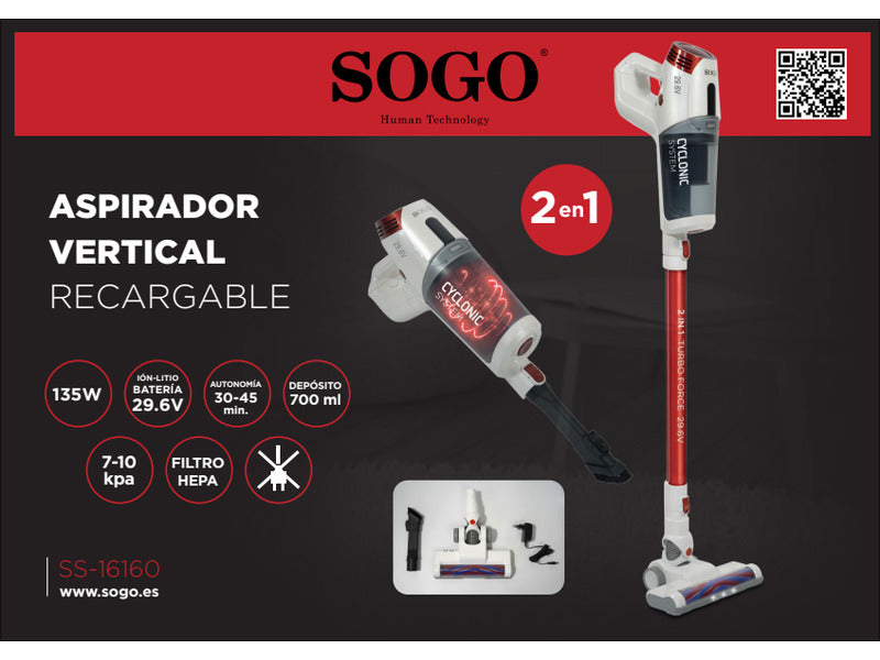 Aspirapolvere verticale ciclonico 2in1 a bastone Sogo senza sacco ricaricabile 135 W - SS