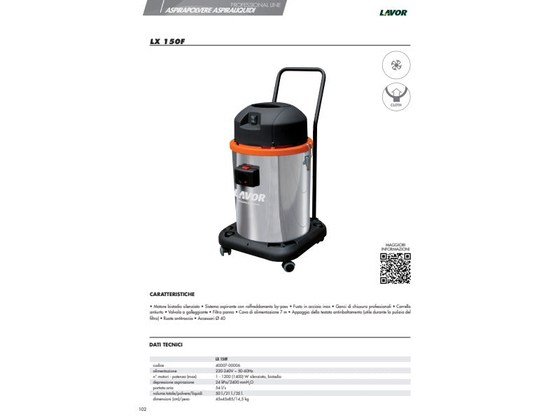 Aspirapolvere aspiraliquidi Lavor LX 150F 220-240 V ~ 50-60 Hz