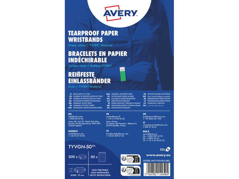 Braccialetti identificativi in Tyvek® Avery resistenti all'acqua - conf. 500 pz - verde fluo - TYVGN-50