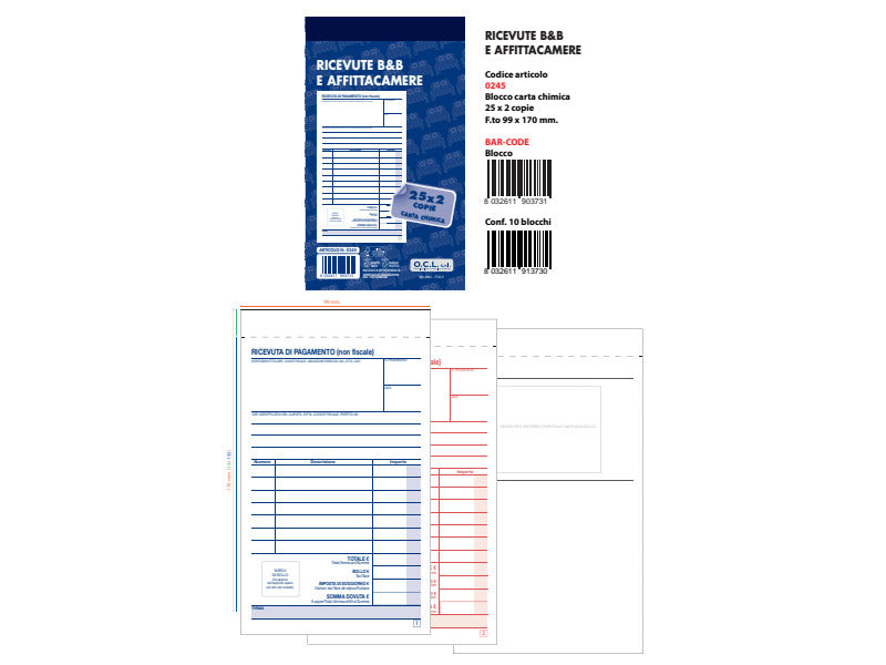Blocco ricevute B&B e affittacamere O.C.L. 25x2 copie - conf. 10 blocchi - 9,9x17 cm - 0245