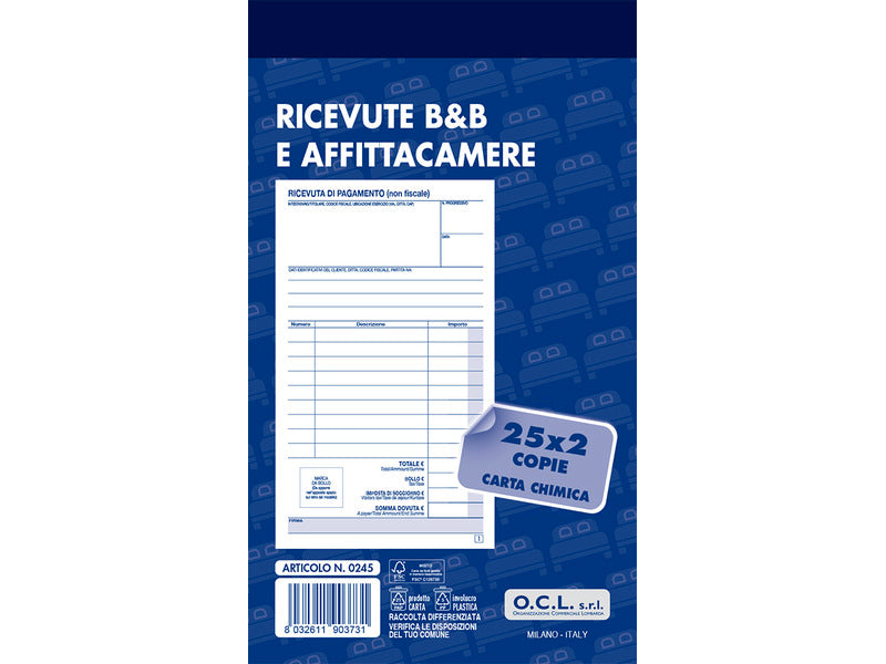 Blocco ricevute B&B e affittacamere O.C.L. 25x2 copie - conf. 10 blocchi - 9,9x17 cm - 0245