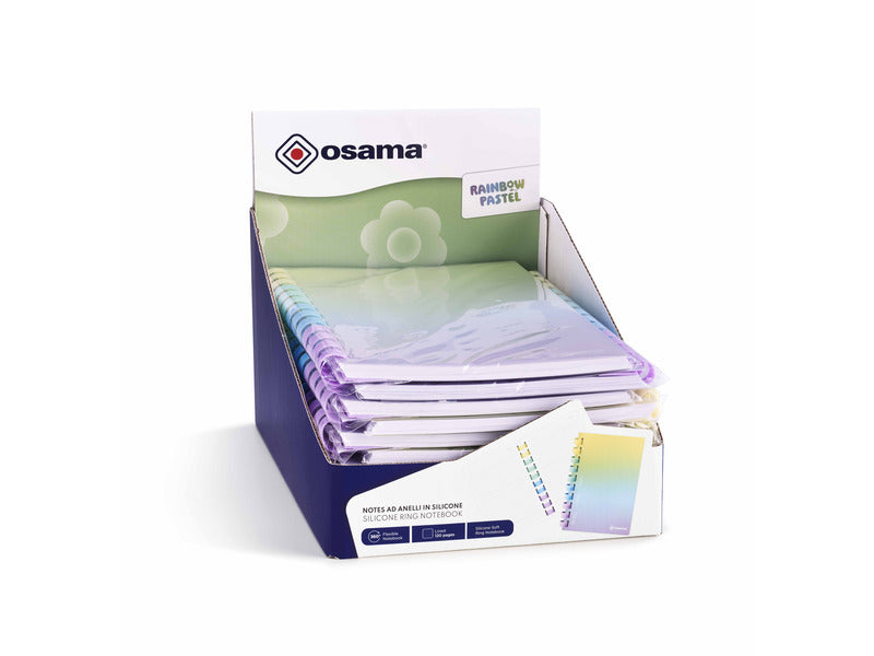 Espositore 12 blocchi note spiralati Osama Rainbow Pastel 120 ff 80 g/m² formato B5 - OW