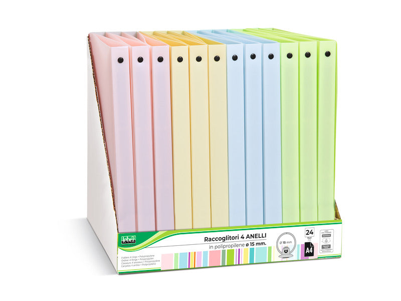 Espositore 24 raccoglitori 4 anelli Lebez in PP - A4 Ø 15 mm - colori pastello assortiti