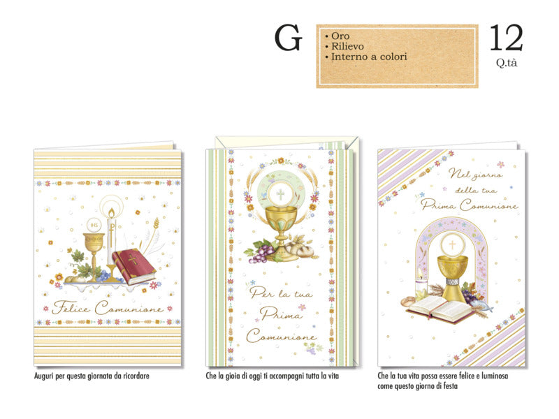 Biglietti augurali Comunione Cromo assortiti in 3 soggetti oro - conf. 12 pz - CO.8183