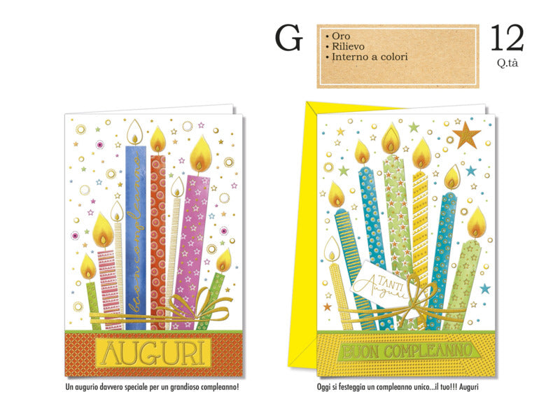 Biglietti augurali compleanno Cromo assortiti in 2 soggetti candeline - conf. 12 pz - BC.8114