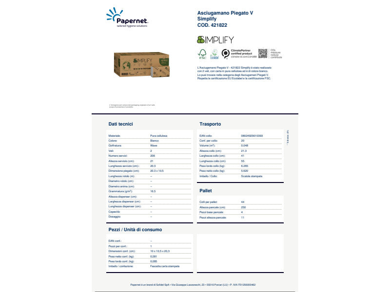 Asciugamano piegato a V in pura cellulosa a 2 veli Papernet Simplify conf. 20 pz da 206 ff bianco
