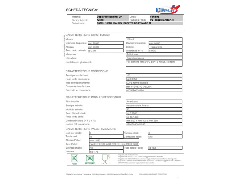 Bicchiere in PS Dopla Professional 160 ml bianco - conf. 100 pz