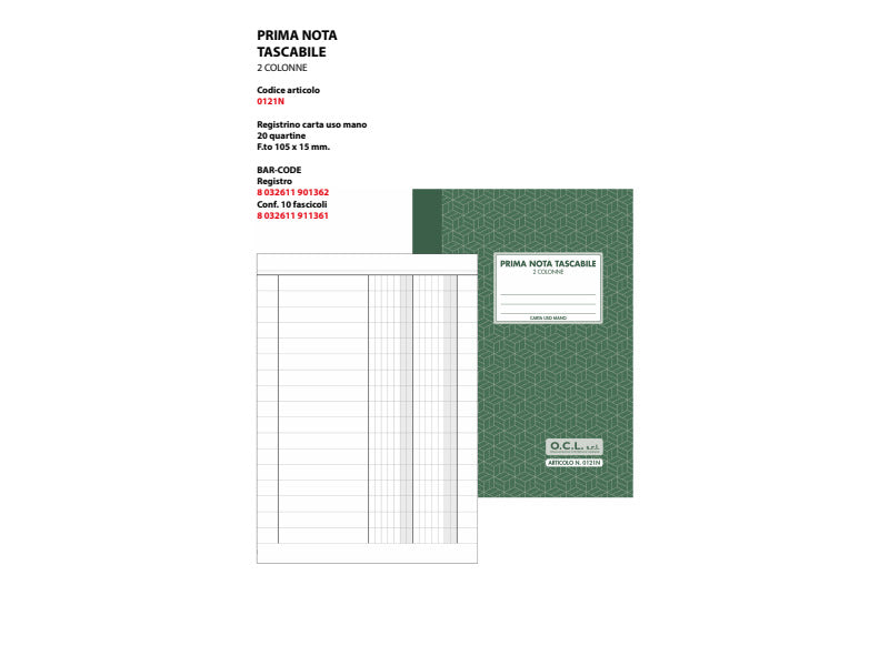 Blocco tascabile prima nota a 2 colonne O.C.L. 10,5x15 cm 20 fogli 0121N
