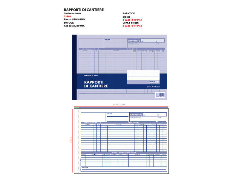 Blocco rapporti cantiere O.C.L. 50 fogli 30,5x21 cm - 0299N