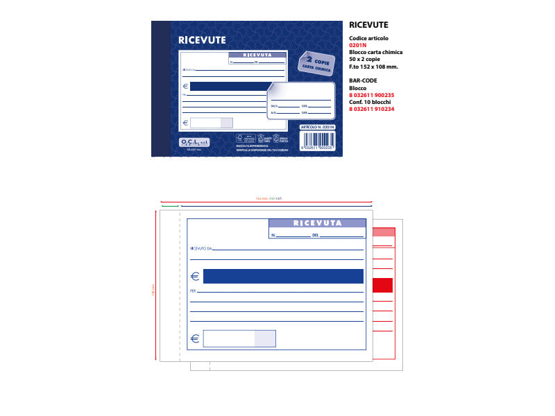 Blocco ricevute generiche O.C.L. formato 15x10 cm 50x2 copie - 0201N