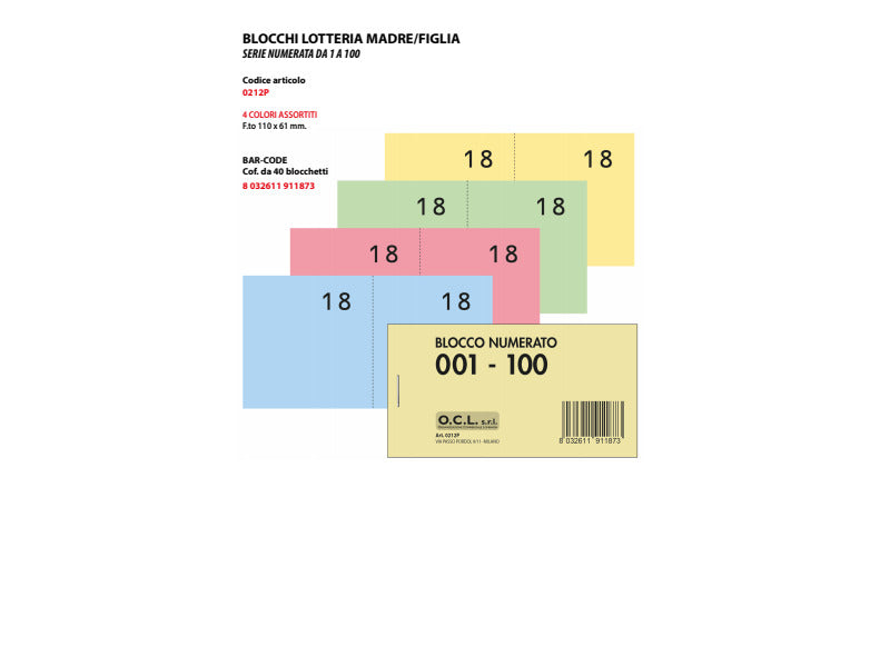 Blocchi lotteria Madre/Figlia O.C.L. - serie numerata da 1 a 100 - 4 colori assortiti - conf. 40 pz - 0212P