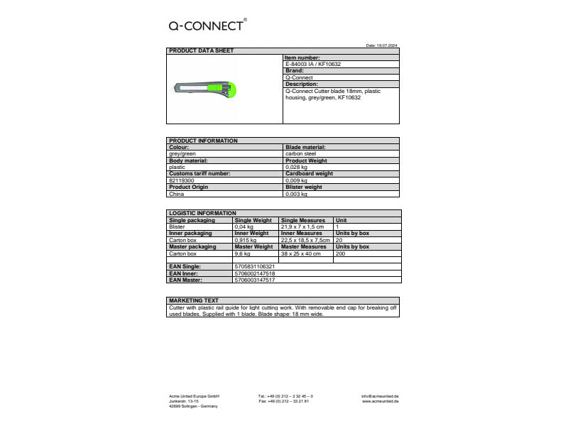 Cutter in plastica con guida Q-Connect 18 mm