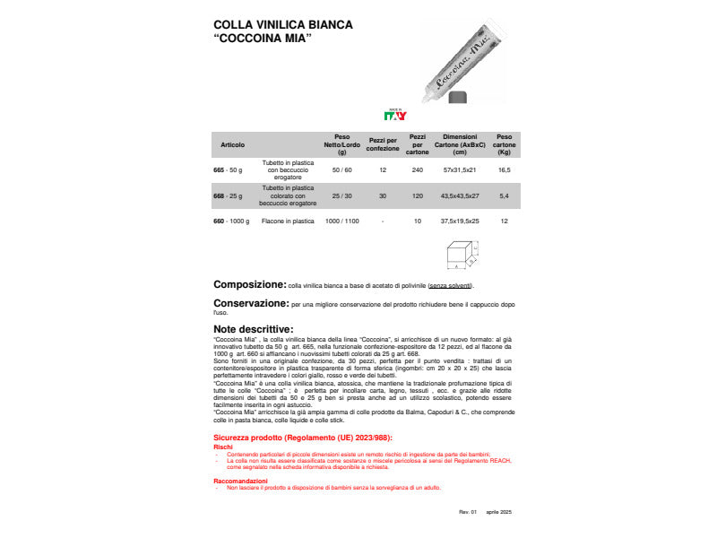 Colla vinilica Coccoina Mia 660 in flacone da 1000 g