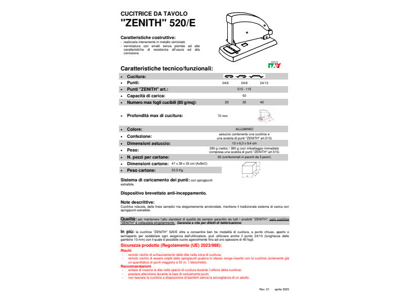 Cucitrice da tavolo Zenith 520/E capacita' max 40 ff