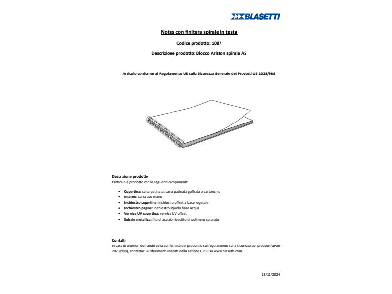 Blocco spiralato Blasetti ARISTON con copertina goffrata 3 colori 60 g/m² 5M A7 8X12 cm - 1085