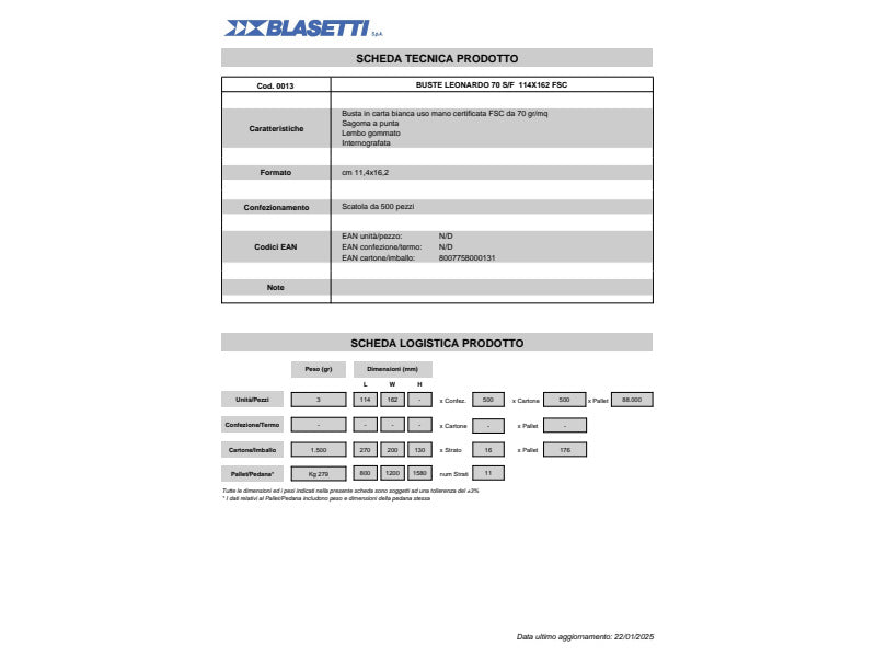 Busta bianca con Lembo Gommato Blasetti Leonardo 70 g/m2 in conf. da 500 buste 114x162 mm - 013