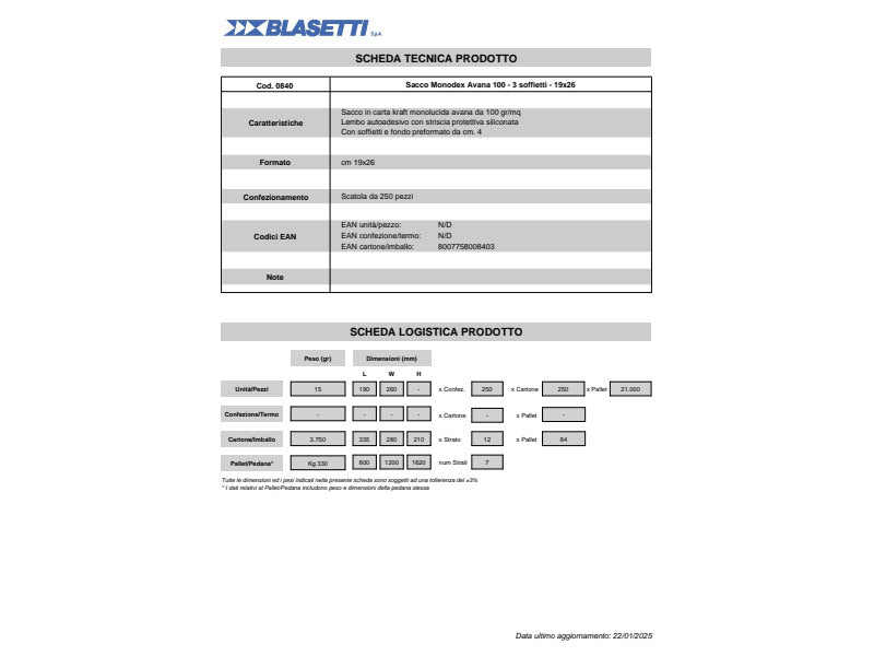 Busta a sacco Blasetti Monodex Avana con 3 soffietti - 100 g/m2 - in conf. 250 buste - 190x260 mm - 840