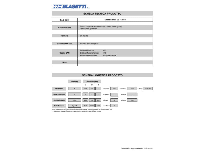 Busta a sacco Blasetti Kraft bianco non gommata 60 g/m2 in conf. 1000 buste 130x180 mm - 311